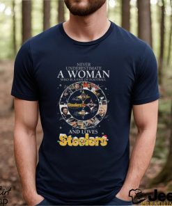 Never Underestimate A Woman Who Is A Fan Of Football And Loves Pittsburgh Steelers Christmas Signatures Shirt