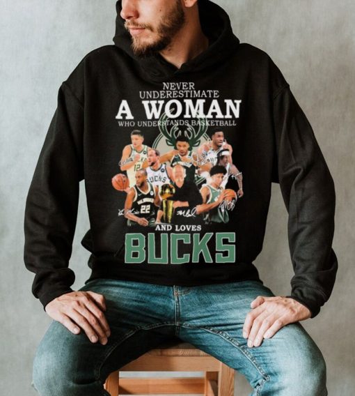 Never Underestimate A Woman Who Understands Basketball And Loves Milwaukee Bucks 2022 Signatures Shirt