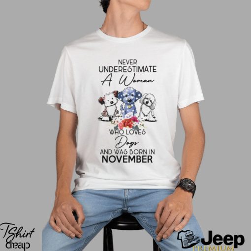 Never Underestimate a woman who loves dogs and was born in november shirt