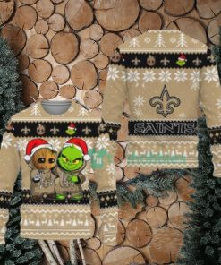 New Orleans Saints Baby Groot And Grinch Ugly Christmas Sweaters