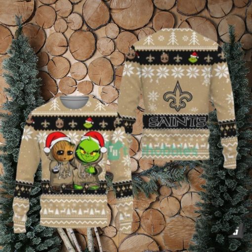 New Orleans Saints Baby Groot And Grinch Ugly Christmas Sweaters