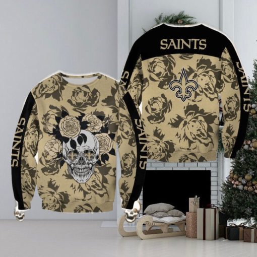 New Orleans Saints Skull And Rose Pattern Woolen Halloween Ugly Sweater For Men And Women Gift Christmas