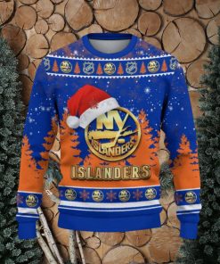 New York Islanders Logo Wearing Santa Hat Trending Christmas Gift AOP Ugly Christmas Sweater Men Women Winter Gift