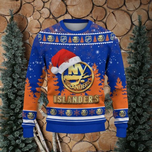 New York Islanders Logo Wearing Santa Hat Trending Christmas Gift AOP Ugly Christmas Sweater Men Women Winter Gift