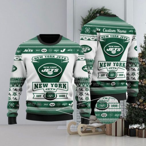 New York Jets Football Team Logo Ugly Christmas Sweater Custom Name Christmas For Fans