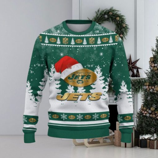 New York Jets Logo Wearing Santa Hat Trending Christmas Gift AOP Ugly Christmas Sweater Men Women Winter Gift