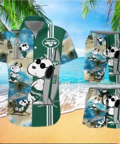 New York Jets Snoopy Surfing On The Beach All Over Print Combo Hawaiian Shirt And Beach Shorts