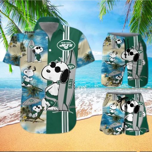 New York Jets Snoopy Surfing On The Beach All Over Print Combo Hawaiian Shirt And Beach Shorts