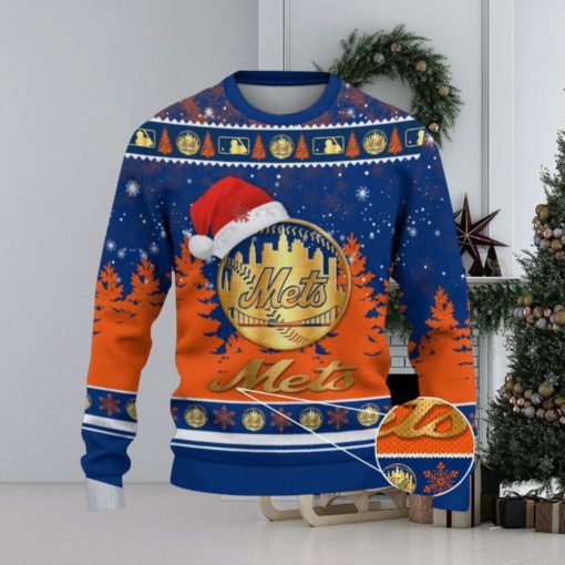 New York Mets Logo Wearing Santa Hat Trending Christmas Gift AOP Ugly Christmas Sweater Men Women Winter Gift