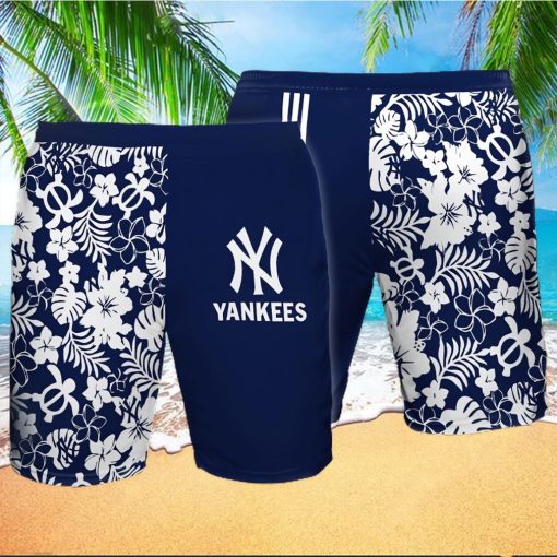 New York Yankees All Over Print Flowery Summer Beach Shorts – Navy