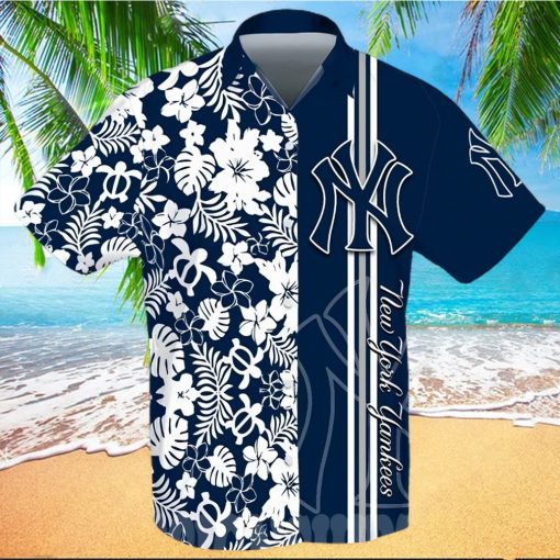 New York Yankees All Over Print Stripes Flowery Aloha Summer Beach Hawaiian Shirt – Navy