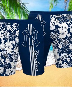 New York Yankees All Over Print Stripes Flowery Summer Hawaiian Beach Shorts – Navy