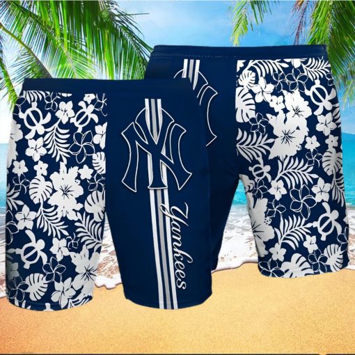 New York Yankees All Over Print Stripes Flowery Summer Hawaiian Beach Shorts – Navy