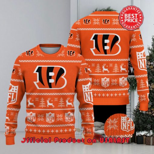 Nfl Cincinnati Bengals Logo Reindeer Pine Trees Christmas Ugly Sweater