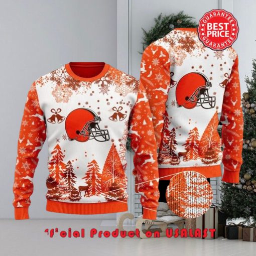 Nfl Cleveland Browns Special Logo Snowflake Reindeer White Orange Christmas Ugly Sweater