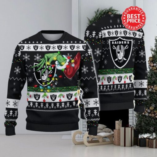 Nfl Las Vegas Raiders Logo Grinch Hand Christmas Ugly Sweater