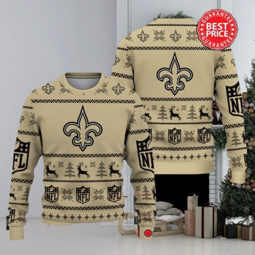 Nfl New Orleans Saints Logo Reindeer Pine Trees Christmas Ugly Sweater.