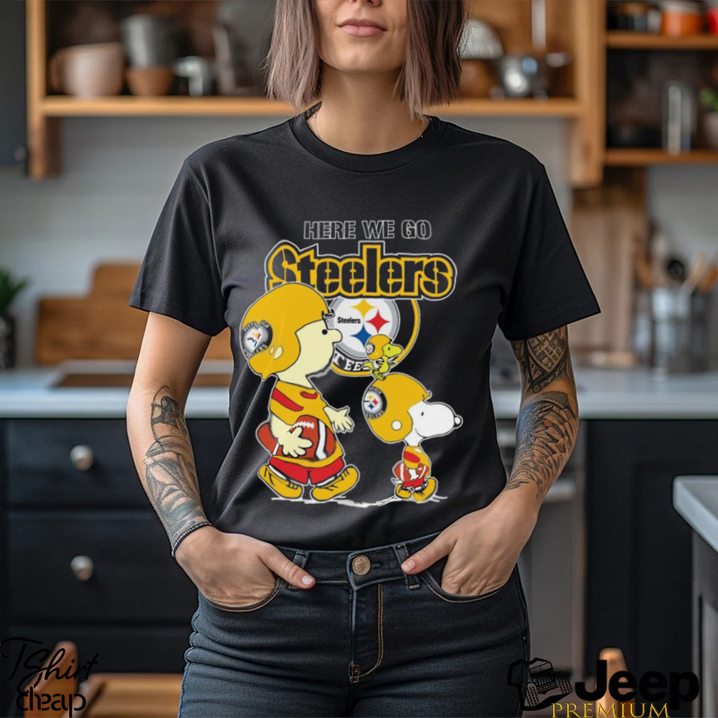 Nfl Pittsburgh Steelers Here We Go Steelers Charlie Brown Snoopy And  Woodstock Sweatshirt - teejeep