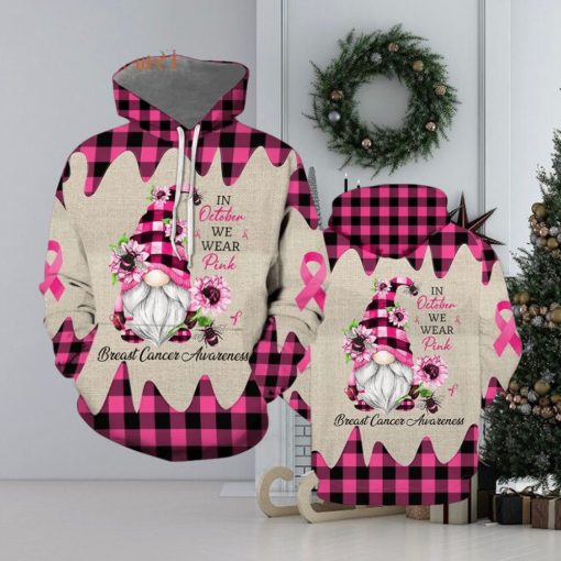 October I Wear Pink Gnome Breast Cancer Awareness 3d All Over Print Hoodie