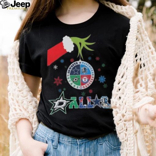 Official Grinch Hand Dallas City Sports Cowboys Mavericks Stars And Rangers Merry Christmas 2023 T Shirt