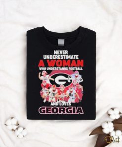 Official Never Underestimate A Woman Who Understands Football And Loves Georgia College Football Signatures Christmas T Shirt