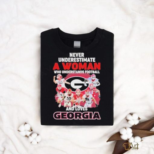 Official Never Underestimate A Woman Who Understands Football And Loves Georgia College Football Signatures Christmas T Shirt