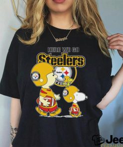 Official Nfl Pittsburgh Steelers Here We Go Steelers Charlie Brown Snoopy And Woodstock shirt