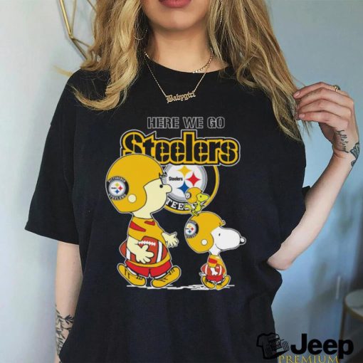 Official Nfl Pittsburgh Steelers Here We Go Steelers Charlie Brown Snoopy And Woodstock shirt