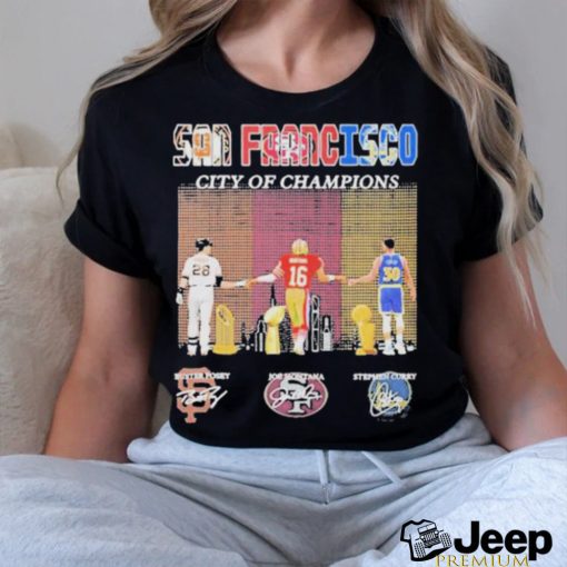 Official San Francisco City Of Champions Buster Posey Joe Montana And Stephen Curry Signatures Shirt