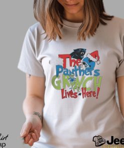 Official grinch Hat Santa The Carolina Panthers Lives Here Christmas Shirt