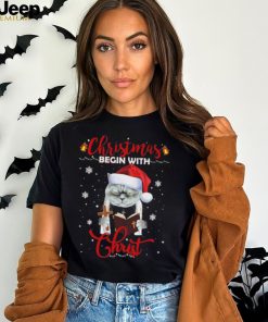 Official santa Cat Christmas Begin With Christ T Shirt