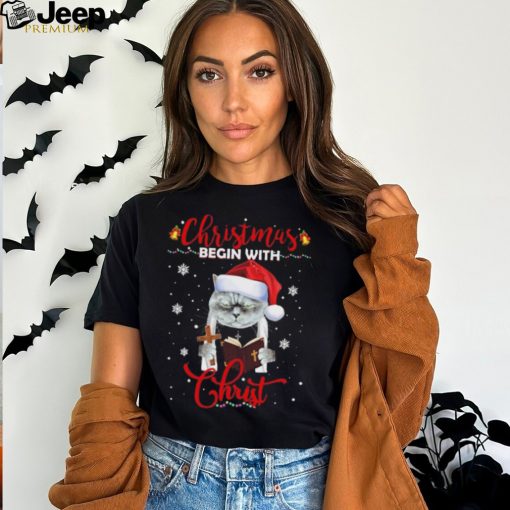 Official santa Cat Christmas Begin With Christ T Shirt