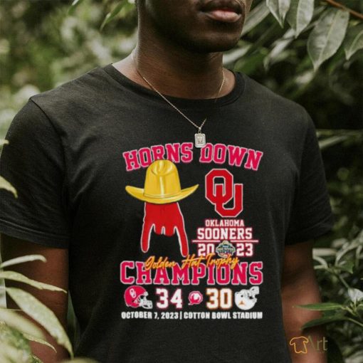 Oklahoma Sooners vs Texas Longhorns 34 30 Horns Down Golden Hat Trophy Champions 2023 Shirt