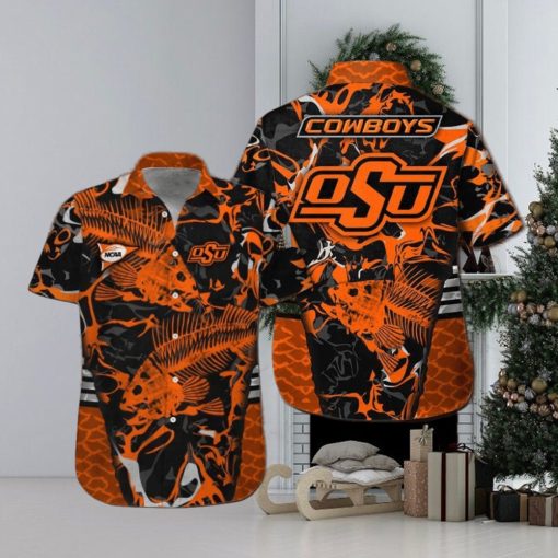 Oklahoma State Cowboys Fishing Short Sleeve Button Up Tropical Hawaiian Shirt