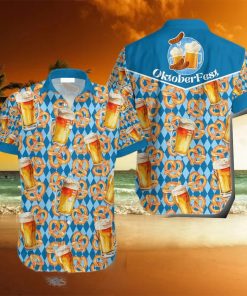 Oktoberfest Beer Pretzels Blue Checkered Hawaiian Shirt