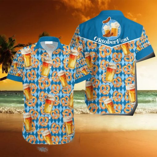 Oktoberfest Beer Pretzels Blue Checkered Hawaiian Shirt