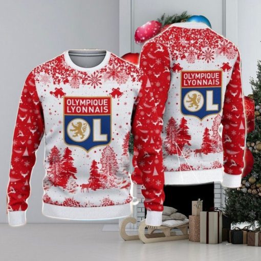 Olympique Lyonnais Big Logo Pine Trees Big Fans Gift Christmas Sweater For Men And Women