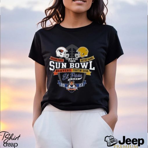 Oregon State Beavers vs Notre Dame Fighting Irish Blue 84 Unisex 2023 Tony The Tiger Sun Bowl Head To Head Helmet T Shirt