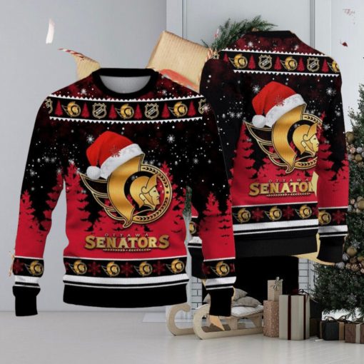 Ottawa Senators Logo Golden Fans Santa Hat Tree Ugly Christmas Sweater