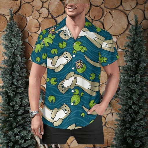 Otter Water Lily Men’s Casual Button Down Shirts Hawaiian Cuban T Shirt Blouse Tops