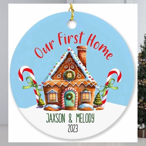 Our First Home Christmas Tree Ornament 2023, Personalized New Home Xmas Holiday Keepsake Gift, Custom Names Address & Year Christmas Ornament Gifts for Newlywed Mr & Mrs, Housewarming Ornaments