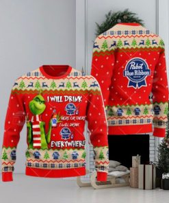 Pabst Blue Ribbon Beer Grinch I Will Drink Here I Will Drink Everywhere Ugly Christmas Sweater Cute Christmas Gift