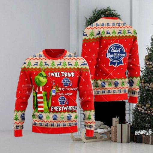 Pabst Blue Ribbon Beer Grinch I Will Drink Here I Will Drink Everywhere Ugly Christmas Sweater Cute Christmas Gift