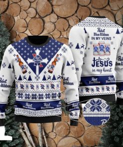 Pabst Blue Ribbon In My Veins Jesus In My Heart Customs Christmas Ugly Wool Knitted Sweater