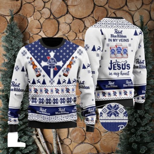 Pabst Blue Ribbon In My Veins Jesus In My Heart Customs Christmas Ugly Wool Knitted Sweater