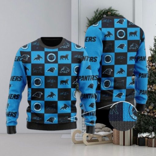 Panthers Logo Checkered Flannel Design Knitted Ugly Christmas Sweater