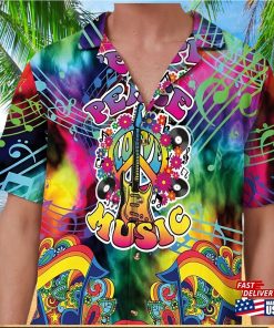 Peace Love Music Hippie Button Up Shirt Guitar Lover Colorful Hawaiian Boho