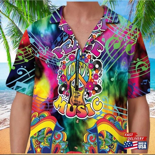 Peace Love Music Hippie Button Up Shirt Guitar Lover Colorful Hawaiian Boho