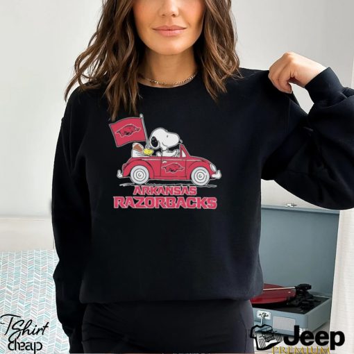 Peanuts Snoopy And Woodstock Arkansas Razorbacks On Car Shirt