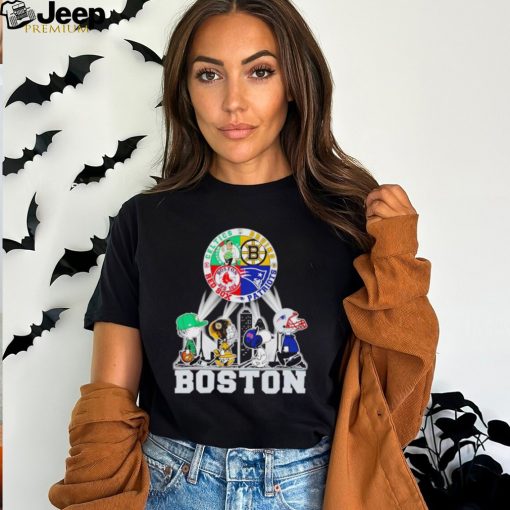 Peanuts characters Bruins Patriots Red Sox Celtics Boston skyline city shirt